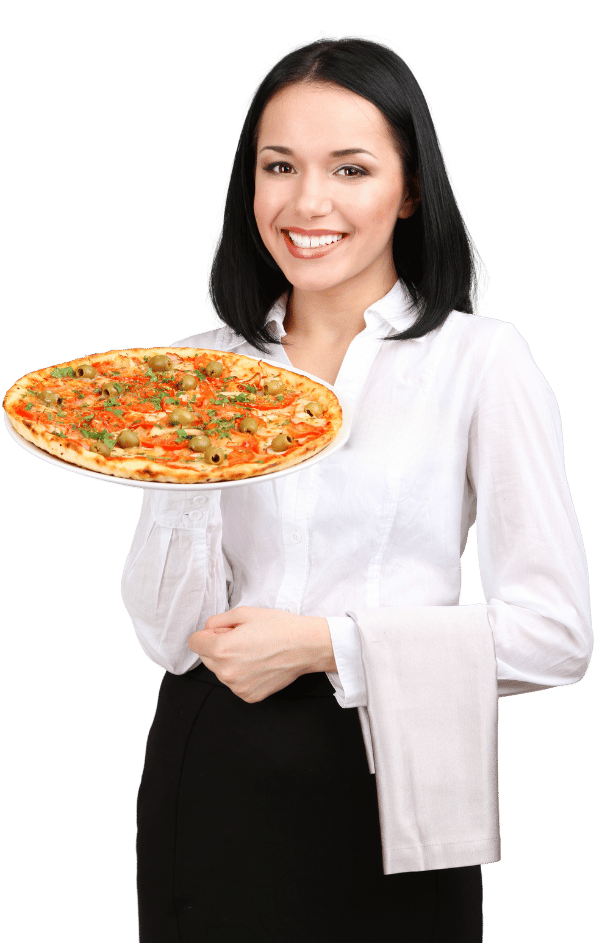 Garçonete segurando uma pizza